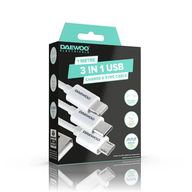 Daewoo 3‑in‑1 USB Charging Cable 1m – ELA1350